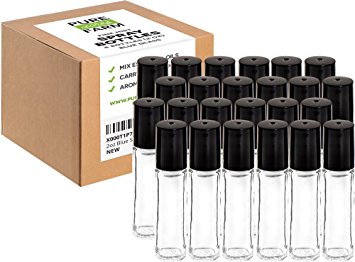 24 Clear Roller Bottles - Steel Rollers - (with Transfer Pipette) - Popular for Essential Oils (24 Bottles, Blue)