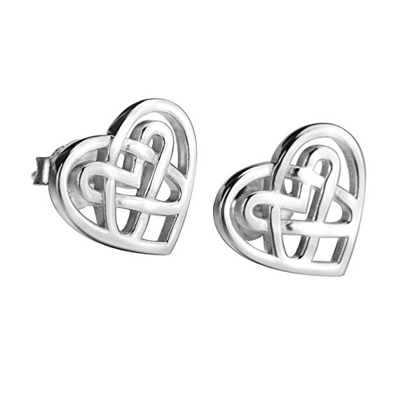 LUHE Sterling Silver Celtic Triquetra Knot Stud Earrings (Heart)