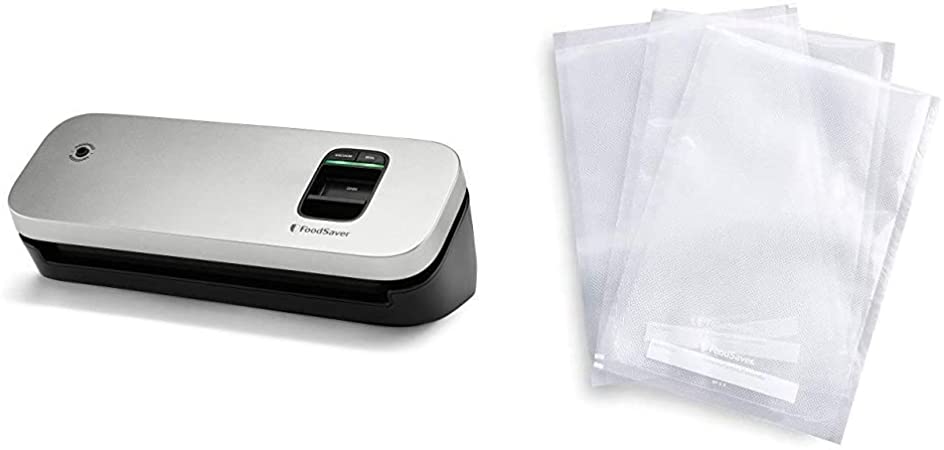 FoodSaver 31161366 Space Saving Food Vacuum Sealer, 5.7 x 12.2 x 4.3 inches, Silver & FSFSBF0226-FFP 1-Quart Precut Heat-Seal Bags, 44 Count, Frustration-Free-Packaging,Frustration-Free Packaging