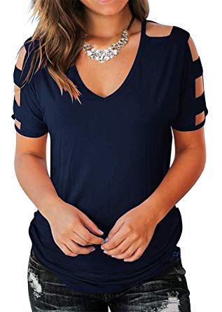Eanklosco Womens Summer Short Sleeve Cold Shoulder Tops V Neck Basic T Shirts