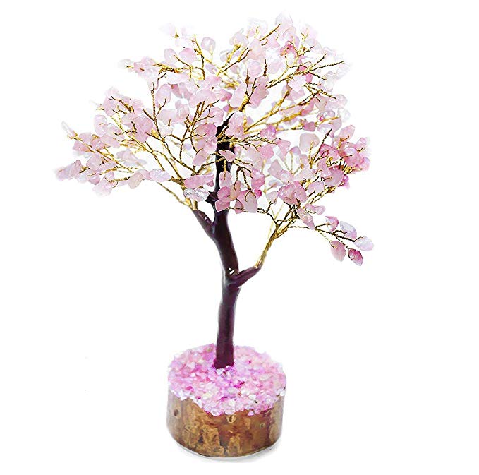 Crocon Natural Healing Gemstone Crystal Bonsai Fortune Money Tree for Good Luck, Wealth & Prosperity Spiritual Gift Size 10-12 Inch (Rose Quartz (Golden Wire))