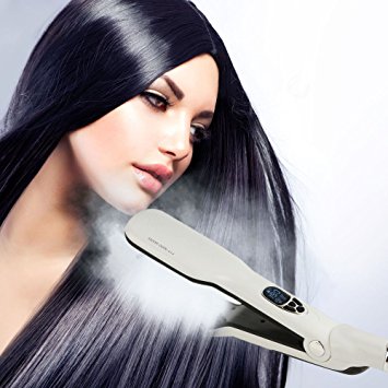 YokPollar Steam Hair Straightener Comb, Salon Steam Hair Straightening Double Plate Brush Clip Fast Detangling Straighter Brush with Removable Water Reservoir (White)