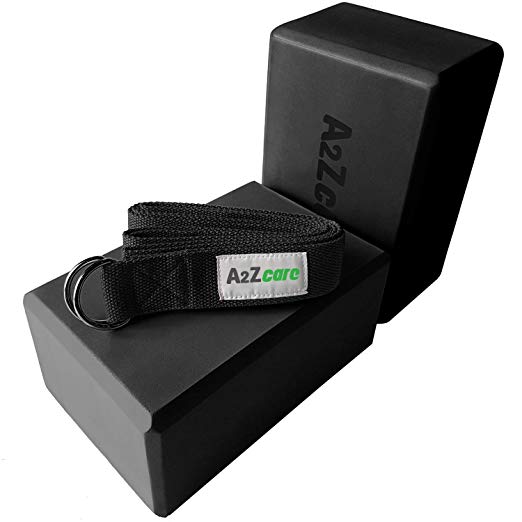 A2ZCARE Yoga Blocks (Set of 2) and Yoga Strap Set with D-Ring – Yoga Foam Block 9x6x4 inch and Yoga Stretching Strap