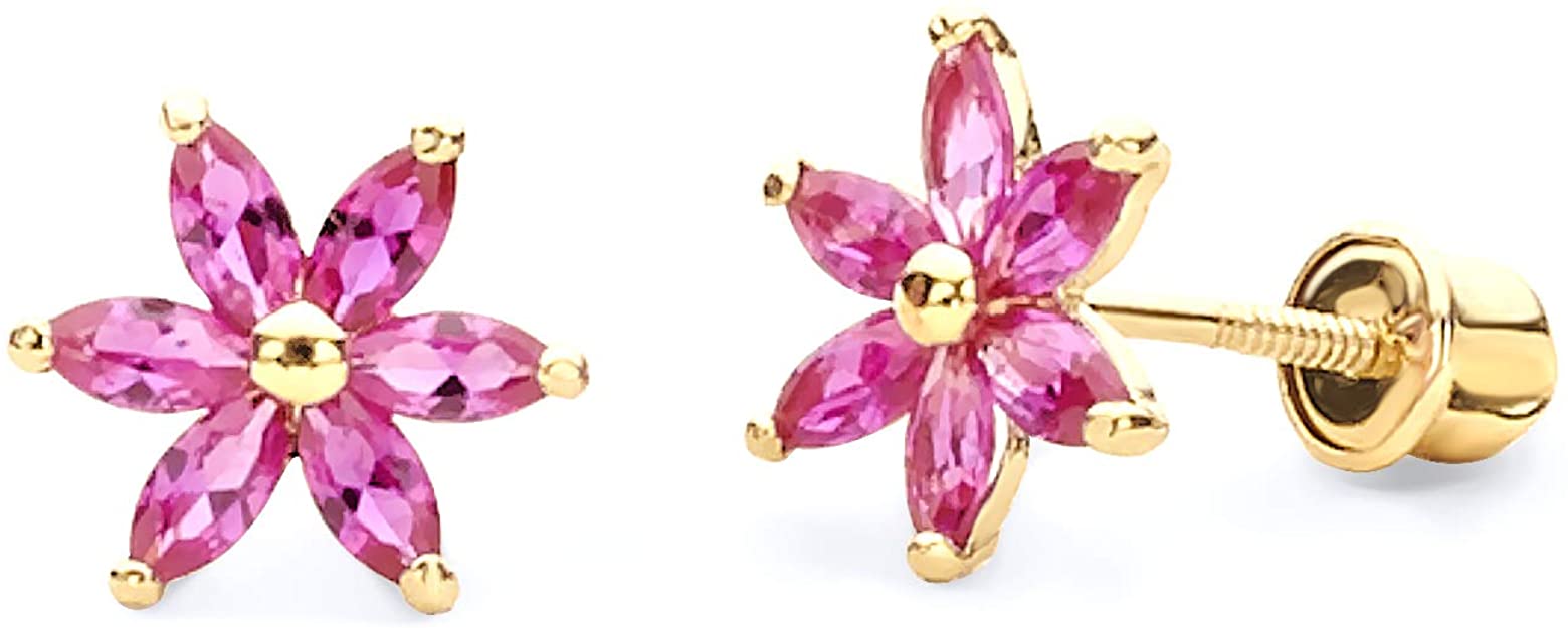 14k Yellow Gold Flower Stud Earrings with Screw Back - 3 Different Color Available