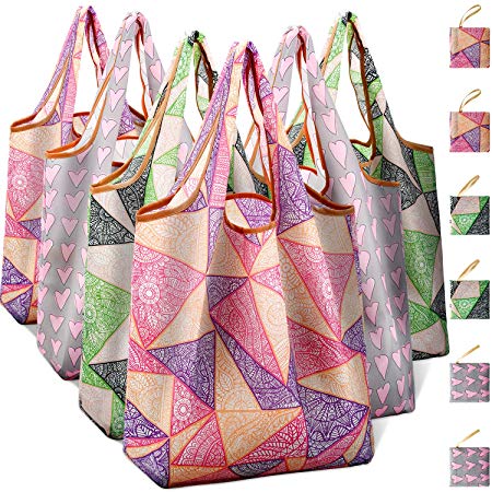 Reusable Grocery Shopping Bags Foldable with Pouch, Heavy Duty Nylon Cloth Reusable Bags for Groceries, Shopping Trip (Geometric&Heart-shape, 6-pcs)