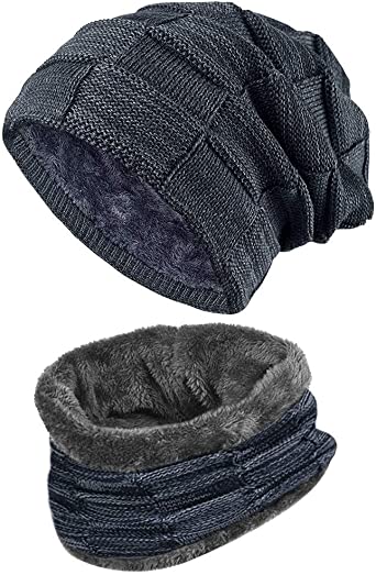 ZIQIAN Men Women Warm Knit Hat Scarf Set Knit Thick Lining Skull Cap Ski Running Hat
