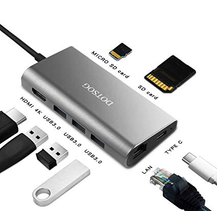 USB C Hub, DOTSOG 8-in-1 Type C Adapter with Ethernet Port, 4K HDMI, 3 USB 3.0 Ports, SD/TF Card Reader, USB-C Power Charging, Laptop Hubs for MacBook/ChromeBook and Other USBC Devices