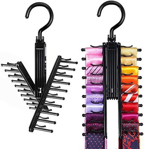 IPOW Upgraded 2 PCS See Everything Cross X 20 Tie Rack Holder,Rotate to Open/Close Tie and Belt Hanger with Non-Slip Clips,360 Degree Swivel Space Saving Organizer