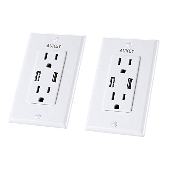 AUKEY USB Wall Outlet 2-Pack, Duplex Receptacle with Dual 2.1A USB Ports, 15A Tamper-Resistant Receptacle, Compatible with Home Appliances, Smartphones, Tablets, and More
