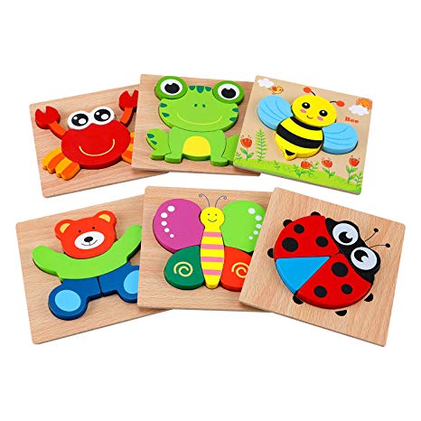 AKAMINO Wooden Animal Jigsaw Puzzles for Toddlers Kids 1 2 3 Years Old, Boys & Girls Educational Toys Gift with 6 Animals Patterns, Vibrant Color Shapes
