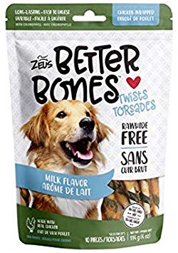 Zeus Better Bones Dog Treats, Rawhide Free Healthy Dog Treats, Milk and Chicken Twists, 10 Pack