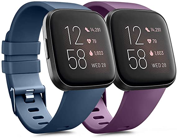 [Pack 2] Sport Bands Compatible with Fitbit Versa 2, Fitbit Versa for Women Men, Classic Soft Silicone Wristbands for Fitbit Versa & Fitbit Versa Lite (Small, Blue, Purple)