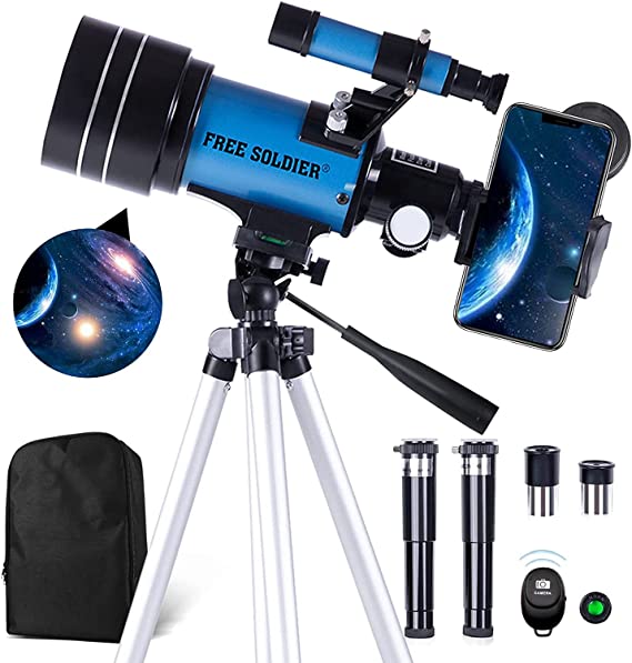 FREE SOLDIER Telescope for Kids&Astronomy Beginners - 70mm Aperture Refractor Telescope for Stargazing With Adjustable Tripod Phone Adapter Wireless Remote Perfect Travel Telescope Gift for Kids, Blue