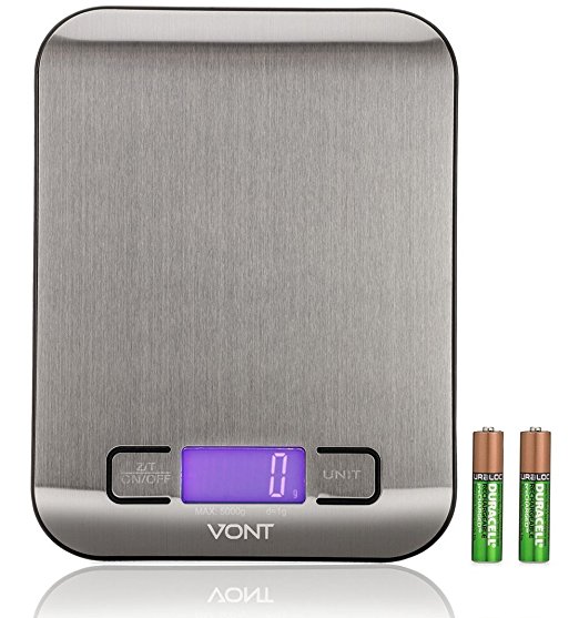 Vont 11/5kg Digital Stainless Steel Kitchen Scale, Multifunction Food Scale, Tare Function, Modern Design, Compact & Portable, 4 Different Measurement Units, Batteries Included by Vont
