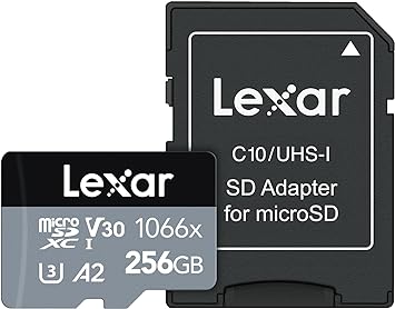 Lexar 1066x Micro SD Memory Card 256GB - 160MB/s Reading, 120MB/s Writing, C10, U3, V30, A2 - Silver