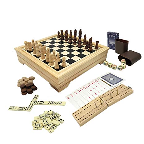 Deluxe 7 in 1 Board Game Set - Chess Set, Checkers, Backgammon, Dominoes, Playing Cards, Poker Dices and Cribbage - by KAILE