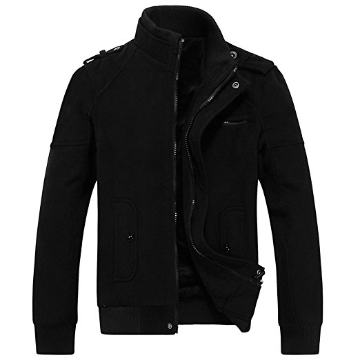 RongYue Men's Fashion Pea Coat Wool Blend Military Jacket With Shoulder Straps