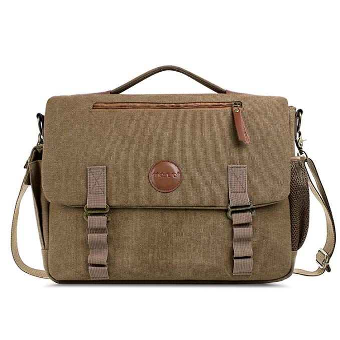 Mosiso Canvas Messenger Satchel Bag (up to 15.6 inch), Crossbody Sling Shoulder Case with Handle and Various Pockets for Laptop, Notebook, MacBook, Ultrabook and Chromebook Computers, Vintage Brown