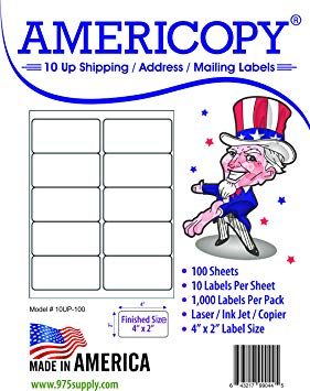 10 Up Labels - Address Labels - Americopy - Shipping / Mailing Labels - 4" x 2" Label Size - MADE IN THE USA (1,000 Labels)