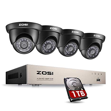 ZOSI 8CH 1080P Video Security DVR System and (4) HD 2.0MP 1920TVL Surveillance Indoor Outdoor CCTV Cameras with 65ft Night Vision, 1TB Hard Drive, ,Motion Alert, Smartphone, PC Easy Remote Access