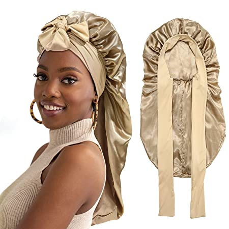 AWAYTR Long Satin Bonnet for Women - Double Layer Elastic Silk Bonnet for Braids Hair Sleeping Cap with Tie Band (Champagne)