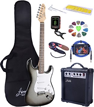 Full Size Silver Burst Electric Guitar with Amp, Case and Accessories Pack Beginner Starter Package