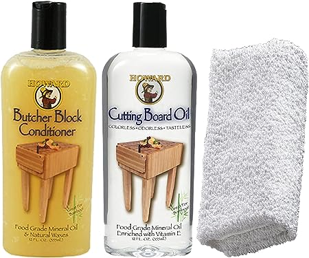 Howard Butcher Block Conditioner   Cutting Board Oil | Daley Mint Cloth for Wood Revitalizing Kit - Wooden Bowls, Utensils, Surfaces - 12oz