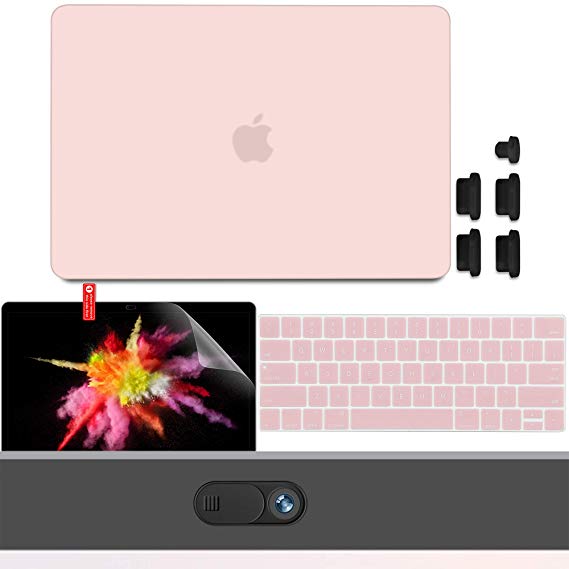 GMYLE MacBook Pro 15 inch Case 2018 2017 2016 Release A1990/A1707, Plastic Hard Shell Cover, Keyboard Cover and Screen Protector, Privacy Webcam Cover Slide, Anti Dust Plugs Set – Rose Quartz