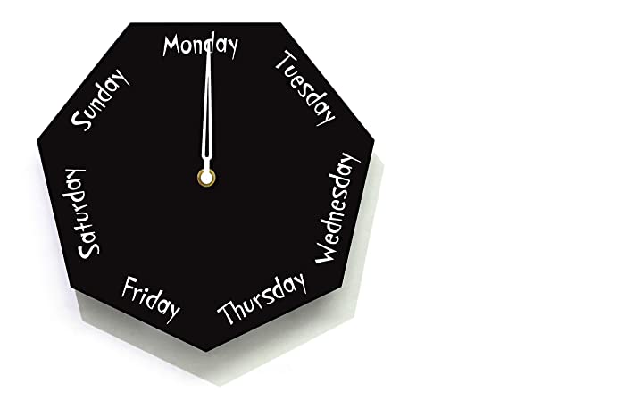 DayClocks - Heptagon Black Wall Clock - Day of The Week Clock - Fun Clock Gift - Office Clock
