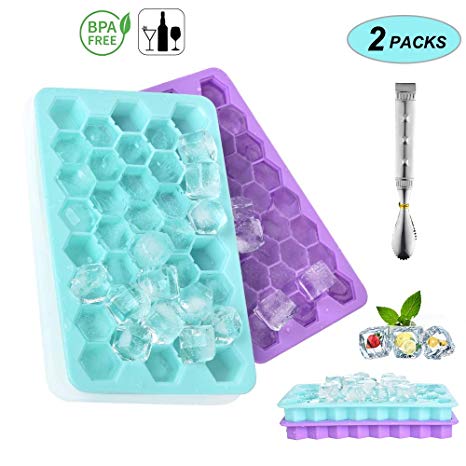 Ice Cube Trays,Silicone Ice Cube Trays Stackable with Removable Lid Easy to Pop 76Pcs Cubes Flexible,Dishwasher Safe, BPA Free,Odor Free for Whiskey Freezer Storage,Cocktail,Beverages-2Packs&Ice Tong