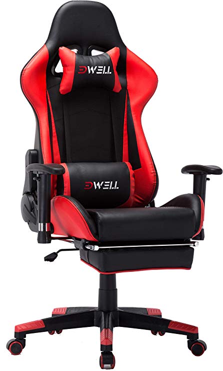 Ergonomic Gaming Chair with Headrest and Lumbar Massage Support，Racing Style PC Computer Chair Height Adjustable Swivel with Retractable Footrest Support Leather Reclining Executive Office (Black&Red)