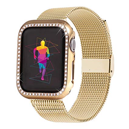 INTENY Compatible for Apple Watch Band 38MM 40MM 42MM 44MM with Bling Screen Protector, Women Stainless Steel Mesh Strap with Protective Crystal Diamond Case Compatible for iWatch Series 4/3/2/1