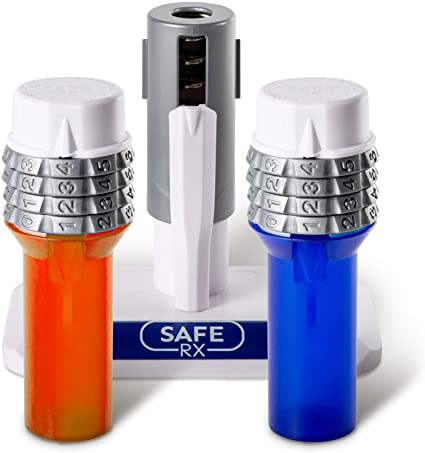Safe Rx Locking Pill Bottle | Set Your Own Code Combination Lock | Prevent Pill Theft, Secure Medication, Certified Child-Resistant, Senior-Friendly | 4.5″ x 1.5″ Bottles 2-pk Blue/Amber   Encoder
