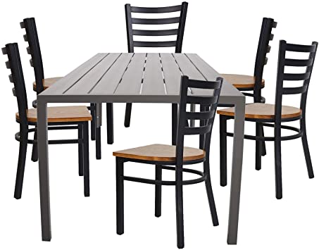 Dporticus 7 Piece Set of Garden Table and Chair Dining Combination Furniture Set Including 6 Chairs and an Aluminum Imitation Wooden Table for Outdoor Patio Lawn and Terrace