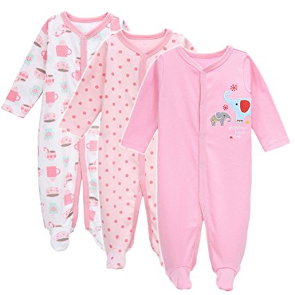 3-Pack Baby Footies Pajamas Girls' Long Sleeve Romper Overall Cotton Sleeper-Exemaba
