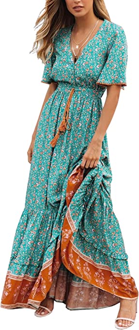 R.Vivimos Womens Summer Cotton Short Sleeve V Neck Floral Print Casual Bohemian Midi Dresses