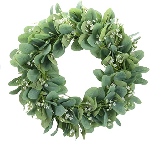 XYXCMOR 15.7 Inch Eucalyptus Wreath for Front Door Green Leaves Spring Summer Faux Eucalyptus Wreath with White Flowers for Farmhouse Easter Wall Window Fireplace Wedding Party Indoor Outdoor Decor