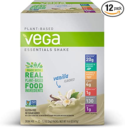 Vega Essentials Shake Vanilla (12 Count, 1.2 Oz) - Plant Based Vegan Protein Powder, Non Dairy, Gluten Free, Smooth and Creamy, Non GMO