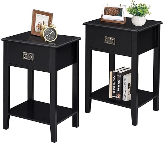 VECELO Nightstands Set of 2 Side Tables for Small Spaces Bedroom, Living Room, Sofa Bedside, Vintage Accent Furniture, Solid Wood Legs, One Drawer, Dark Black