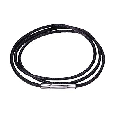 U7 2mm 3mm Black Leather Cord Necklace with Customizable Stainless Steel Clasp, Men Women Woven Wax Rope Chain for Pendant,Length 16" 20" 22" 24" 26" 28" 30"