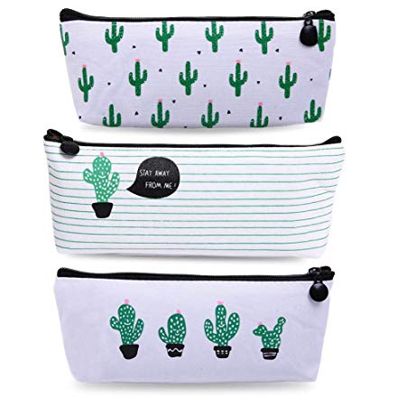 Bonaweite Cactus Pencil Bag Linen Pastoral Bandage Case Cute Cacti Pen Zipper Coin Organizer Makeup Cosmetic Pouch Holder for Desk Set of 3