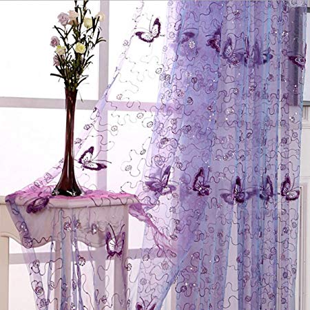 Pureaqu Butterfly Embroidered Sheer Curtain for Living Room Sexy Tulle W39xH84 Balcony Windows Curtain Rod Pocket Process Draperies 1Panel