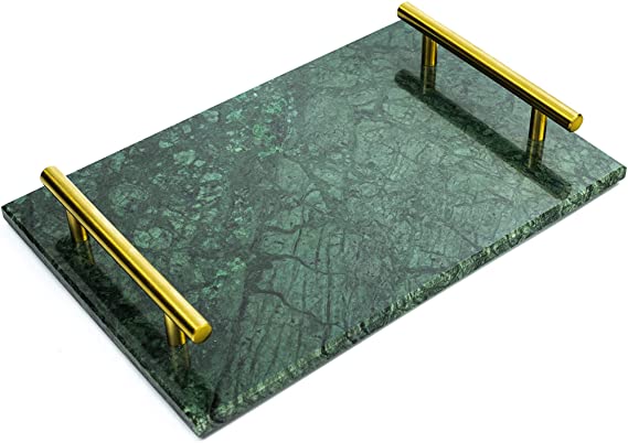 Y-Nut Marble Decorative Tray with Vintage Brass Metal Handles, Rectangle Luxury Bathroom Vanity Tray, Night Stand Perfume Holder, Green Tray for for Cheese, Pastries, Cake, Fruit (12" 8")