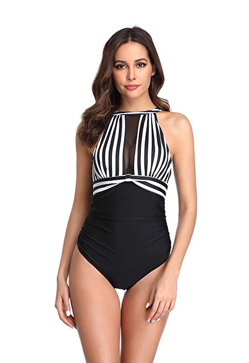 MarinaVida Women's One Piece Swimsuits Backless V-Neck Mesh Swimwear Ruched Monokini Tummy Control Bathing Suits for Women