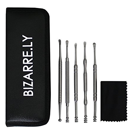 5 Piece Stainless Steel Wax Removal Ear Cleaner Pick Set with Case and Cleaning Cloth by Bizarre.ly - Kit Includes Spiral, Ball and Spoon / Scoop Style Picks - Helps Prevent Wax Build up and Infection