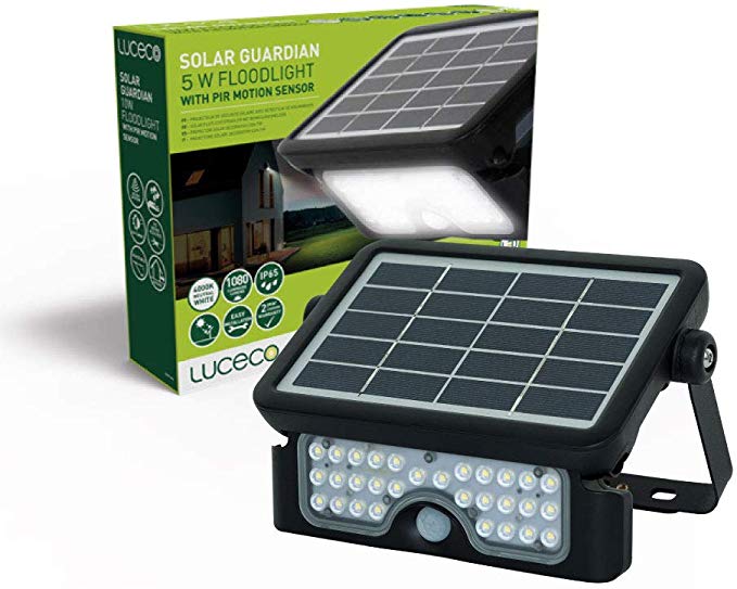 Luceco Solar LED Flood Light Black 5W Motion Sensor, Easy Installation, Outdoor use, No Wires Needed