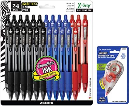 Zebra Pen Z-Grip Retractable Ballpoint Pen, Medium Point, 1.0mm, Assorted Business Colors, 24 Pack (Packaging may vary) | Jumbo Correction Tape