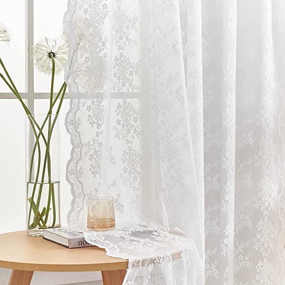 Lace Curtains for Windows 54 inch Drop Vintage Flowers and Branch Net Curtains for Old House Shabby Chic Sheer Voile Curtains 2 Panels 52" Wide x 54" Drop