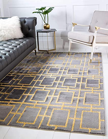 Unique Loom Glam Collection Geometric, Squares, Metallics, Modern, Chic Area Rug (6' 0 x 9' 0 Rectangular, Gray/Gold)