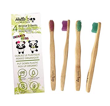 Bamboo Toothbrush for kids | 4 Pack Biodegradable Tooth Brush Set | Organic Eco-Friendly Moso Bamboo with Ergonomic Handles and Soft Nylon Bristles | By Hello Eco Company